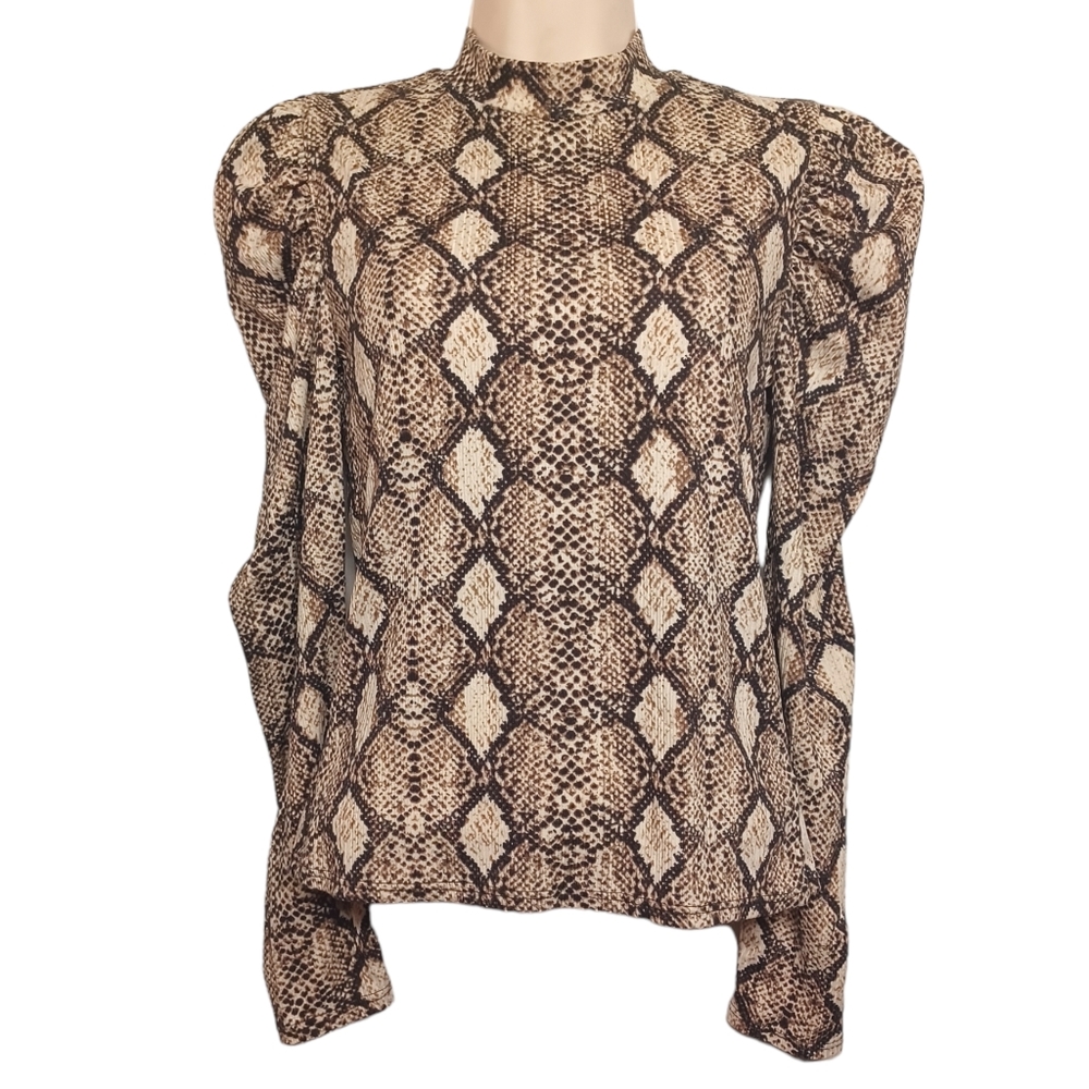 WILD LOVE Snakeskin Reptile Animal Print Long Sleeve Stretchy Brown Cream Top